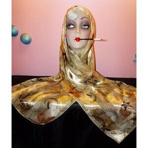 Vintage Long Beige Scarf w/ Leaves & Swirls bohemian pinup retro head wrap